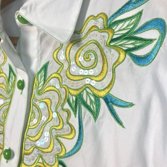 Bob Mackie Sz S Wearable Art Blouse Top Shirt White‎ Embroidered Floral Artsy - Picture 2 of 6